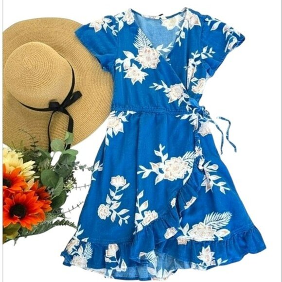 Roxy Women's Mini Wrap Dress Size Small Blue Tropical Short Sleeves Vacation - Picture 1 of 16